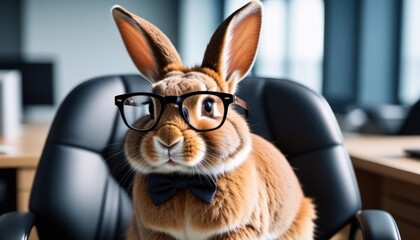 Serious rabbit with glasses and a black bow-tie in an office chair