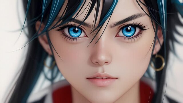 cute portrait pretty girl with black hair and blue eyes in anime style. ai.