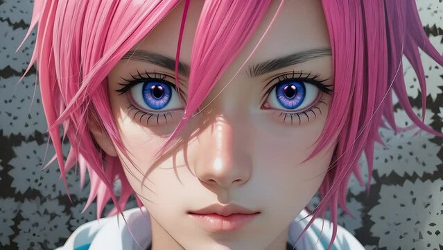 close up portrait cute girl with pink hair and blue eyes in anime style. close up.