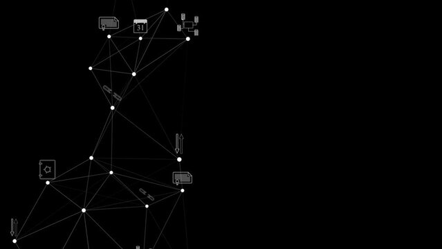 Vertical arrangement of a polygonal network with symbols of financial market development moving from bottom to top from the left. On the right is free space for posting information. Cg
