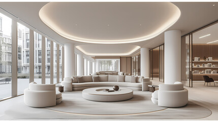 Inspiring Office Interior Design - A Large Room With A Round Table And White Couches - 763203947