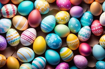 Fototapeta na wymiar Easter composition of colorful easter eggs over plain background. Springtime holidays concept with copy space - Easter decoration, banner, panorama, background