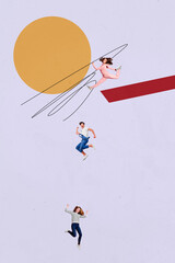 Vertical collage image of excited overjoyed mini people jump fall cliff isolated on drawing...