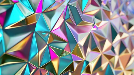 3d render of iridescent triangular pattern, metallic texture, reflection and refraction effect, light play on the surface