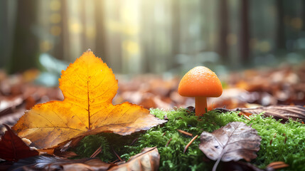 Background, Using One Color In Earthy Tones (Brown, Green, Yellow) - A Mushroom Growing In Moss With A Leaf - 763204173