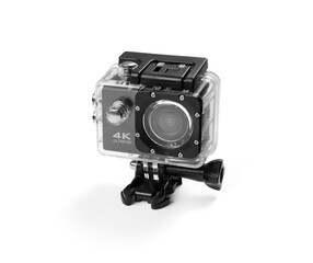 4K Action camera in a protective box for shooting dynamic videos on white background, including clipping path