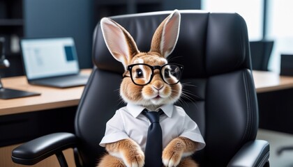 Rabbit as a boss with glasses wearing a tie and sitting in an office chair