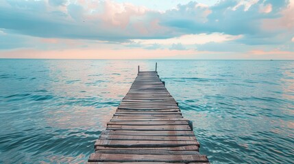 Wooden pier in the sea at sunset time. Nature background.
