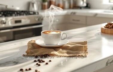 A steaming cup of coffee sits on a white marble countertop, surrounded by roasted beans, in a modern kitchen setting with soft lighting