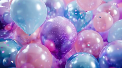 Colorful balloons in soft pastel tones - A sea of glossy balloons with sparkling dots in delicate pink and blue hues creating a festive atmosphere