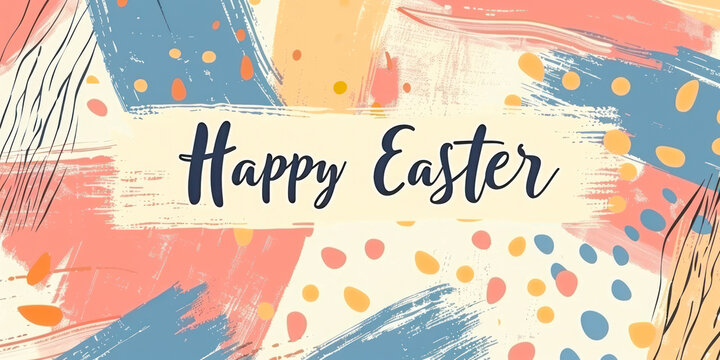 Trendy Easter design with typography, hand painted strokes and dots. Modern minimal style. Happy Easter, banner.