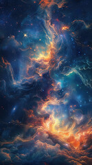 Fiery cosmic dance of stars and clouds - Fiery and dynamic cosmic interaction resembling the swirling movements of a celestial dance