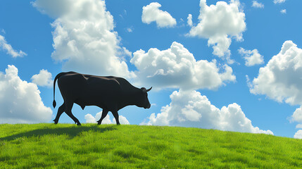 A Animal Runs On The Hill Side, In The Style Of Japanese Minimalism - A Black Cow Walking On A Grassy Hill - 763204784