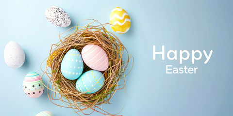 Happy Easter, poster and banner template with Easter eggs in the nest on light blue background.