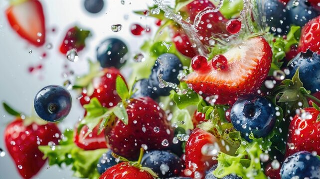 Fresh berries splashing in water close-up - Vibrant image captures various berries in a splash of water, emphasizing freshness and vitality