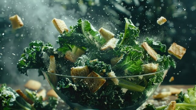 Fresh kale salad with croutons in motion - An invigorating image of a fresh kale salad with croutons, capturing the action of ingredients being tossed