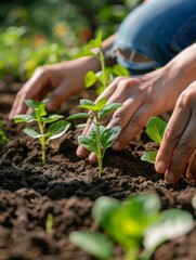 Two Hands Reaching for Plant in Dirt