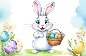 Cartoon funny bunny smiles, holding a basket with Easter eggs. Surrounded by small flowers. Easter card, with space for text