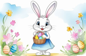 Cartoon funny bunny smiles, wearing a skirt, holding a basket with Easter eggs. Surrounded by small flowers. Easter card, with space for text