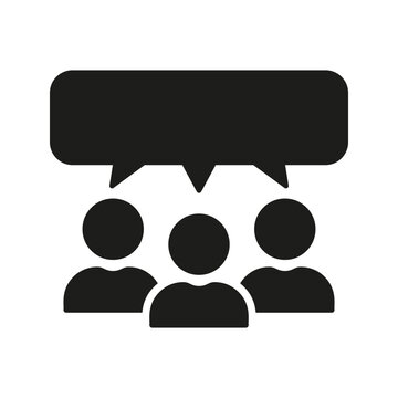Team Talk Silhouette Icon. Work Discussion Glyph Pictogram. Speech Bubble And Group Of People Solid Sign. Business Conversation At Meeting Symbol. Isolated Vector Illustration