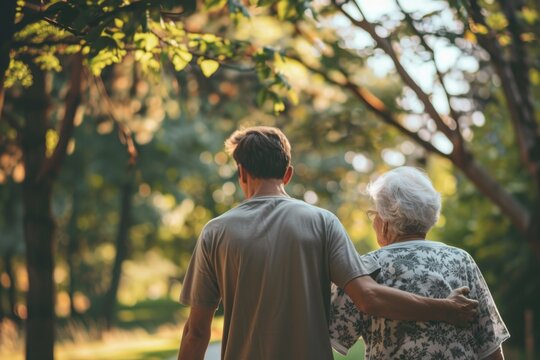 A Man Walking With His Old Mother In The Park During Daylight, Back View, Mother's Day