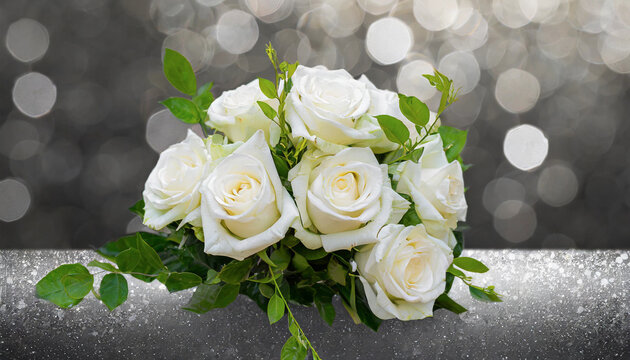 illustration d'un bouquet de fleurs blanche des roses posées sur des paillettes de couleur argent sur un fond gris avec des ronds en effet bokeh