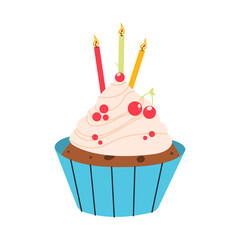 Flat vector illustration of a festive cupcake with candles on a white background, bakery products, cupcakes. Happy Birthday.
