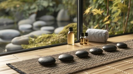 Wellness spa setting with smooth, hot stones arranged on a bamboo mat. Peaceful zen garden visible...