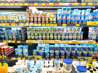 Malaysia, Kuala Terengganu 20 March 2023 : arrangement of Yog Low Fat pr yogurt in the supermarket....