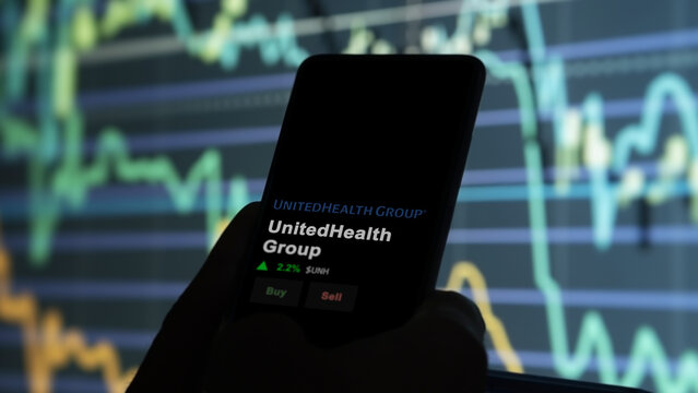UnitedHealth Group on the screen of an exchange. UnitedHealth Group price stocks, $UNH on a device.