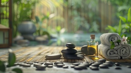wellness spa setting, capturing a tranquil scene with smooth, hot stones arranged on a bamboo mat,...