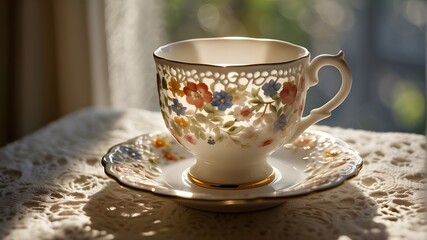 A delicate porcelain teacup adorned with floral patterns sits on a lace doily, basking in the warm glow of sunlight streaming through a window. --ar