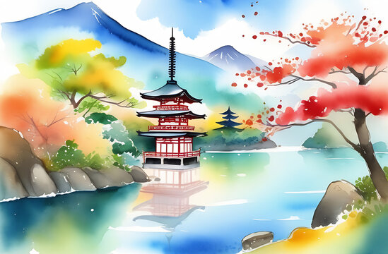 Mount Fuji, Japan with a landscape. Suitable for calendar, postcard, poster and banner. illustration. High quality photo