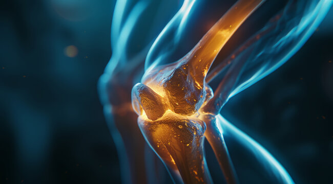 Digital illustration of a glowing knee joint with orange and blue light elements,ai generated