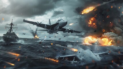 3D render,3D Illustrate Feel the adrenaline rush of aerial combat as fighter planes engage in dogfights, while warships and battle tanks maneuver on the ground - obrazy, fototapety, plakaty