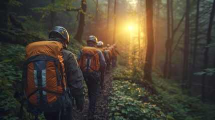 A line of hikers equipped with helmets and backpacks marching through a verdant forest on a misty trail. - obrazy, fototapety, plakaty