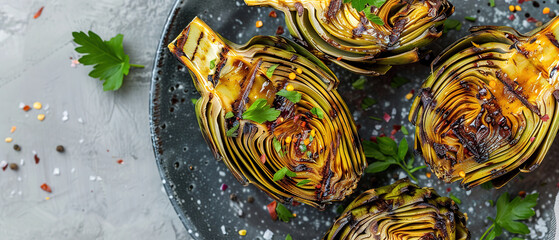 Grilled Artichokes , top view, grey background, with empty copy space