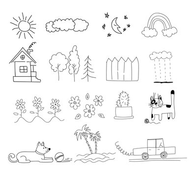 set of kids doodles arts on white background. outline simple hand drawn templates. vector illustration