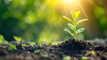 Saving environment, save clean planet, ecology concept. World Earth Day. Young plants growing at sunlight