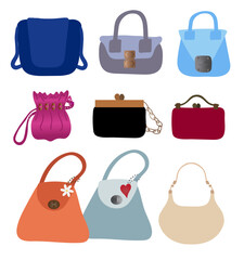 Collection of handbag vectors. Set of fashion bags and accessories.