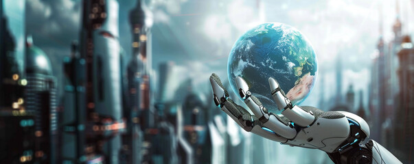 AI robot holding Earth globe in the futuristic city
