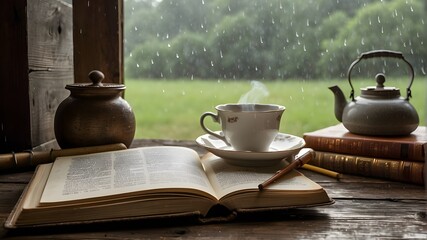 A steaming cup of tea sits on a rustic wooden table next to a vintage teapot and a stack of books on a rainy afternoon. --ar 3:2 - obrazy, fototapety, plakaty