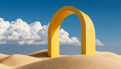 3D desert landscape with yellow arches and white clouds in the blue sky