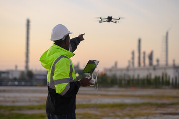 Male engineers wearing uniforms and helmets fly drones to inspect petroleum industry projects.