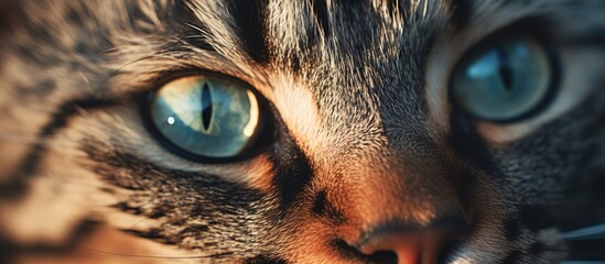 Macro photography capturing the close up of a Cats face with blue eyes, showcasing its whiskers,...