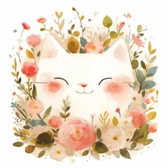 a cat with flowers around it