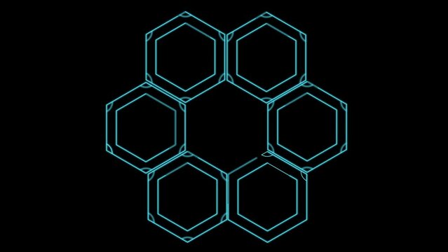 Six hexagons forming a turquoise circle on a black background. Cg footage