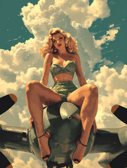 Pinup Style Attractive Military Young Woman Riding A Bomb - A Painting Of A Vineyard - 763207501