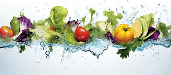 A variety of colorful vegetables are playfully splashing in the fresh water, creating a vibrant and...