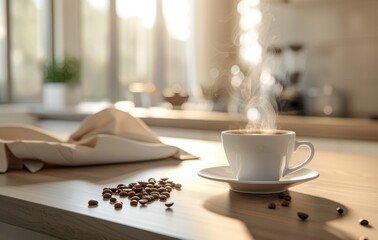 A steaming cup of coffee sits on a white marble countertop, surrounded by roasted beans, in a modern kitchen setting with soft lighting